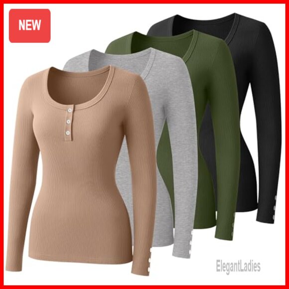 Long Sleeve Henley Shirts Slim Fit Ribbed Knit Tops 4 Pack - Picture 3 of 7